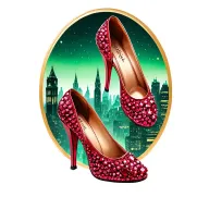two sparkling ruby slippers with no heel with emerald city in the background tattoo design idea