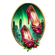 two sparkling ruby slippers with no heel with emerald city in the background tattoo design idea
