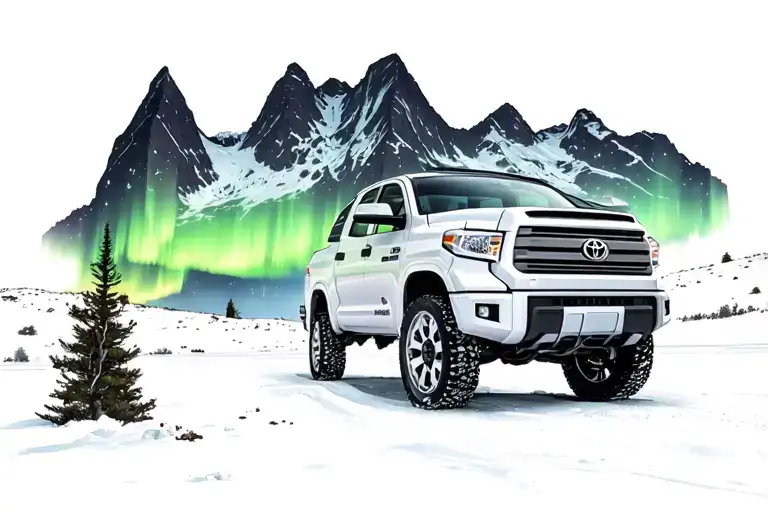 Northern lights shining behind a white 2014 Toyota tundra parked in front of a mountain  tattoo design idea