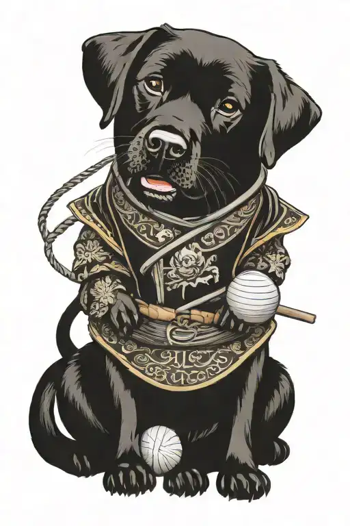 a black labrador in a samurai suit seat with a ball in his mouth tattoo design idea