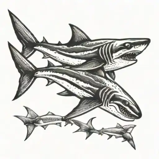 trident with 2 sharks tattoo design idea