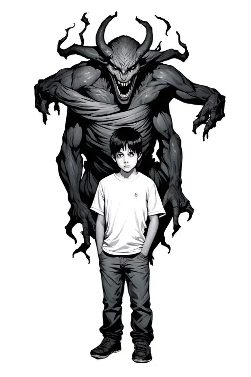 a boy standing with a scary demon towering behind wrapped around him tattoo design idea