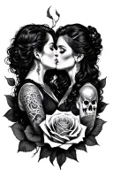 woman kissing a woman surrounded by dead rose tattoo design idea