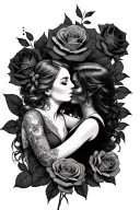 woman kissing a woman surrounded by dead rose tattoo design idea