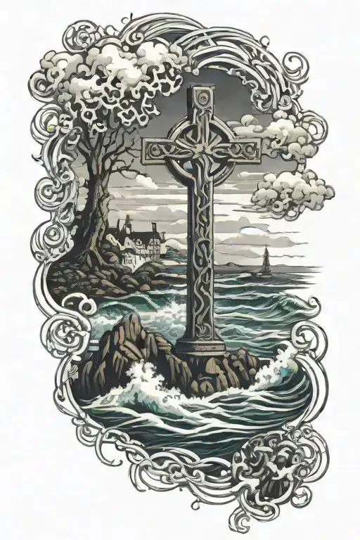 Raging sea with korrigans in Brittany with ermine triskel Celtic cross tattoo design idea