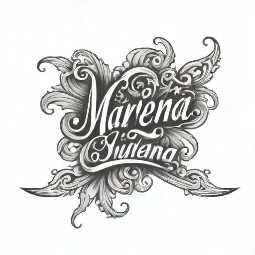 the name marlena in bold cursive with r around it the judgement tattoo design idea
