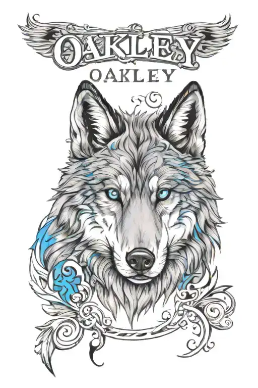 name oakley with a wolf with bright blue eyes surrounded tattoo design idea
