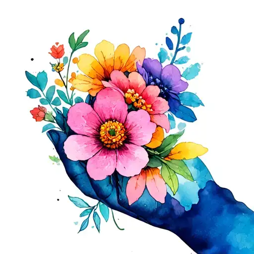 colorful flowers held by bandaid tattoo design idea