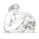 a beautiful nude woman sits stop a skull, caressing it tattoo design idea