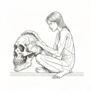 a beautiful nude woman sits stop a skull, caressing it tattoo design idea