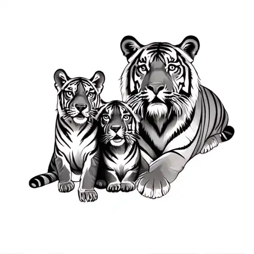 2 adult tigers and 2 puppies tattoo design idea