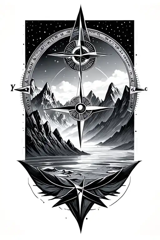 compass rose with intricate geometric mountains tattoo design idea