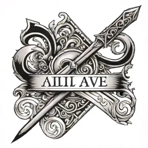 the word alive with greek and itlian relations maybe a spear that blends with the word somehow is curzive, annd symbol  tattoo design idea