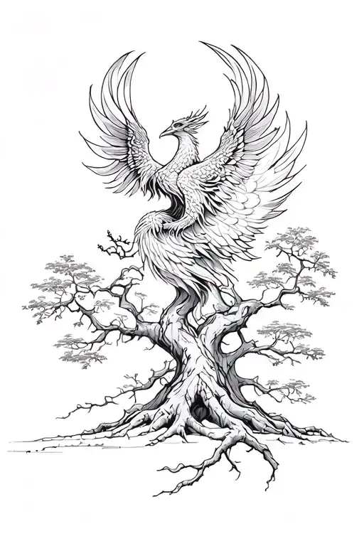 banyan tree with phoenix rising from addiction tattoo design idea