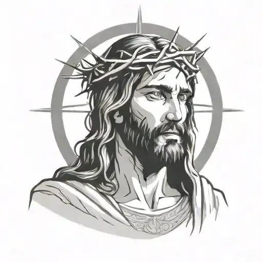 Jesus Christ in a close up pose, crown of thorns around his head. light from radiating behind him, in rays tattoo design idea
