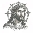 Jesus Christ in a close up pose, crown of thorns around his head. light from radiating behind him, in rays tattoo design idea