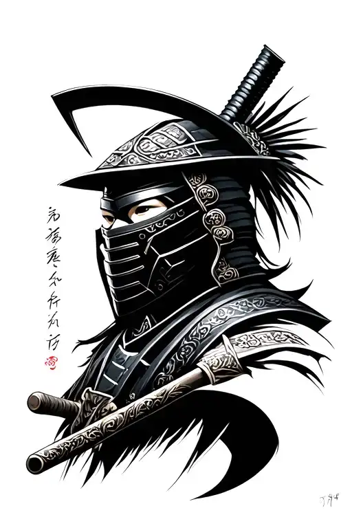 The top of a masked samurai warrior with psalms 144: 1 small below, around the shadow tattoo tattoo design idea