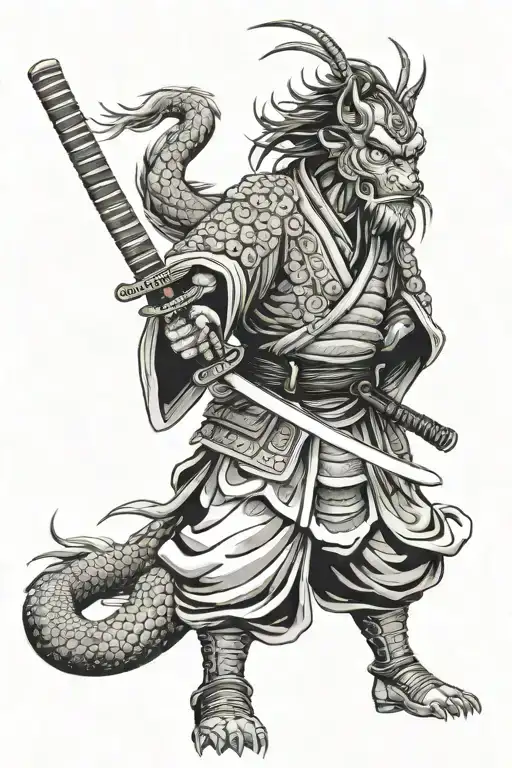 Samurai with katana, stands slightly back and looks at us. Behind him is a Chinese dragon. They are surrounded by light  tattoo design idea