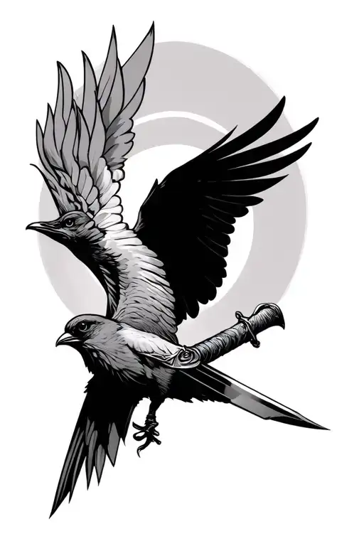 bird clutching narrow dagger by the blade while flying tattoo design idea