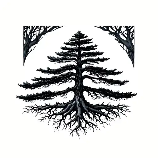 single pine tree with roots exposed tattoo design idea
