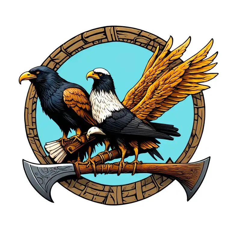 three birds sitting on horizontal viking axe. Birds are golden eagle, bald eagle, raven. Nordic tattoo design idea