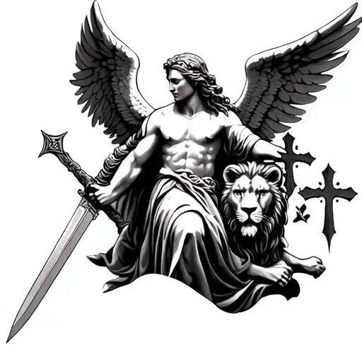 angel holding a sword,3 crosses, lion of judah tattoo design idea