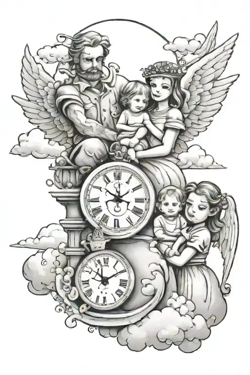 family, 5 children, 2 parents, stairs, clock, clouds, angel tattoo design idea