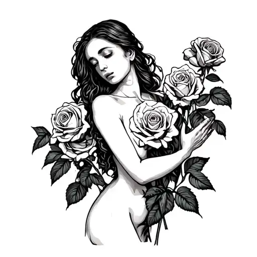naked woman holding roses space pain tattoo design idea