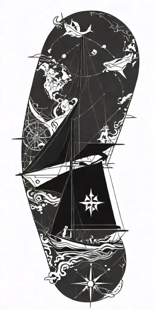 An adventurous tattoo design incorporating sailing and geography, showcasing a compass rose surrounded by nautical elements and world map details tattoo design idea