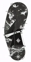 An adventurous tattoo design incorporating sailing and geography, showcasing a compass rose surrounded by nautical elements and world map details tattoo design idea