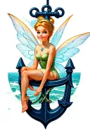 Tinkerbell sitting on a Navy Anchor hooking tattoo design idea