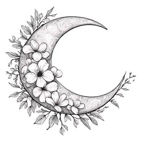 crescent moon with mimosa flowers wrapping around it in black and white tattoo design idea