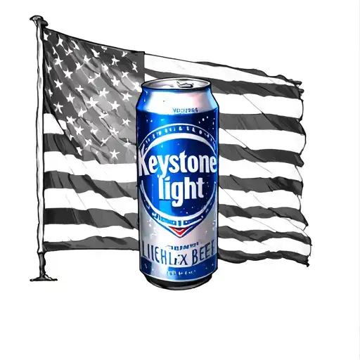 black & white American flag backround. Keystone light beer can foreground in color with mullet & Shades on.  tattoo design idea