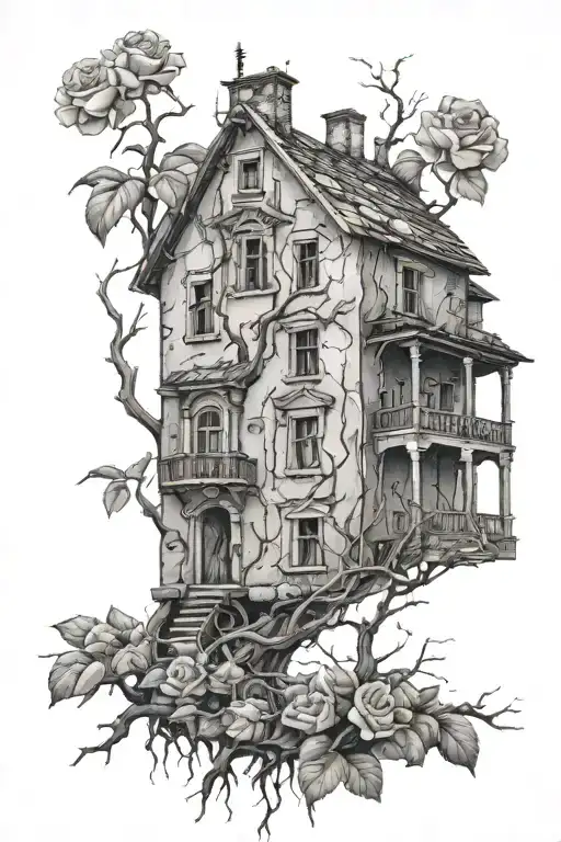Abandoned Stalin-era house, roses, tree roots tattoo design idea