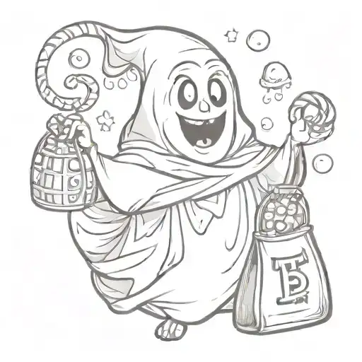 a cartoon ghost with a bag of candy tattoo design idea