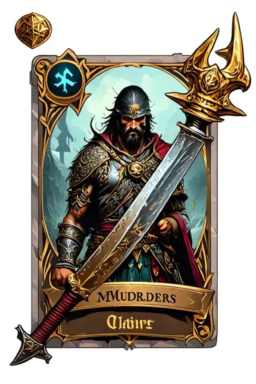 warrior, murderers, stabbing weapon, with a treasure card in the background which dechire the skin tattoo design idea