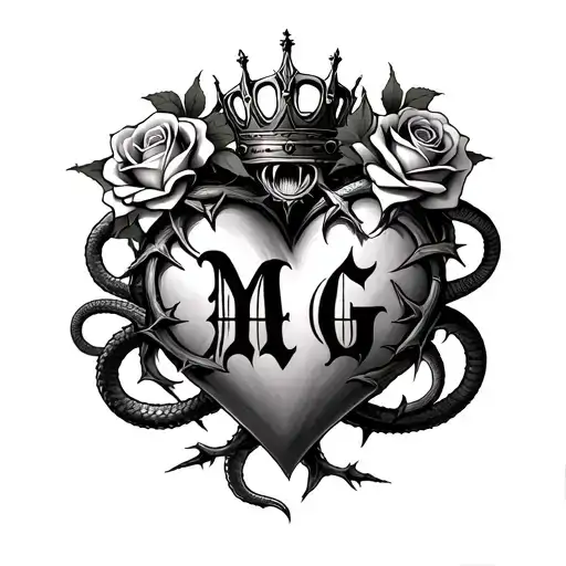 "M G" Gothic-style heart entangled with thorns, topped with a crown, four roses, and two angry snakes with Gothic-style letter tattoo design idea