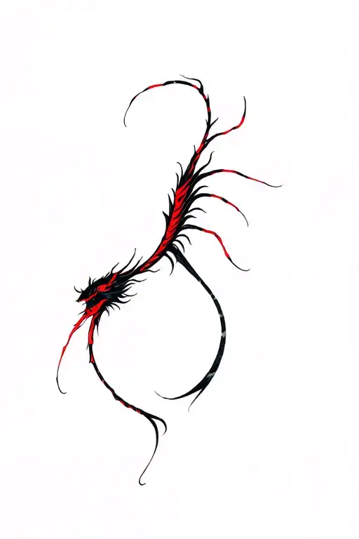 A long, black and red japanese dragon that has thin lines and is dainty for a feminine spine tattoo. tattoo design idea