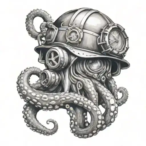 Octopus wrapping its tentacles around a firefighter's helmet and a navy deep sea diver's helmet tattoo design idea