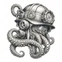 Octopus wrapping its tentacles around a firefighter's helmet and a navy deep sea diver's helmet tattoo design idea