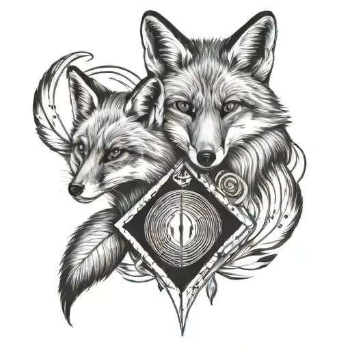 2 fingerprints as a heart, coordinates of place of residence, a fox as a family symbol tattoo design idea