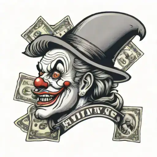 money symbols around gangster clown man holding tattoo design idea