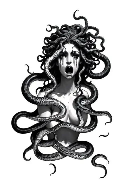 A picture of Medusa crying, as if she was killed unjustly, and her snakes all have the same expression, some crying, som tattoo design idea