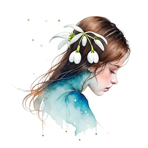 woman with long brown hair and open snowdrop flower on the head tattoo design idea
