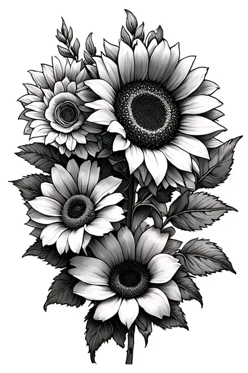 sunflower, daisy, tiger lily, rose intertwined tattoo design idea