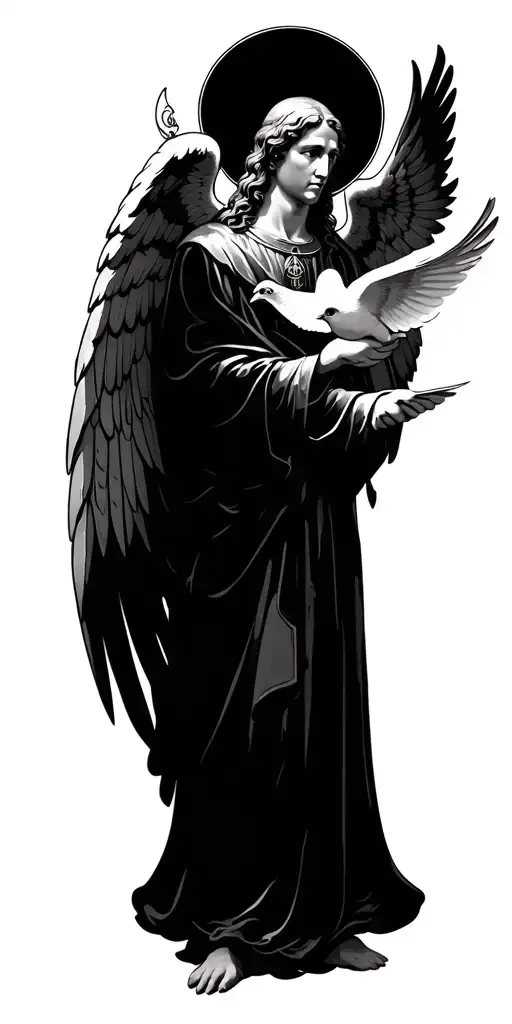 archangel saint gabriel with a dove holding a note in its mouth  tattoo design idea