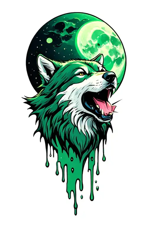 melting green moon with wolf howling tattoo design idea