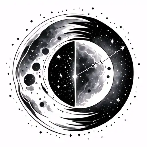 celestial tattoo minimalist fine line & dot art with moon shooting star, nebula and constellation of Capricorn & Gemini tattoo design idea