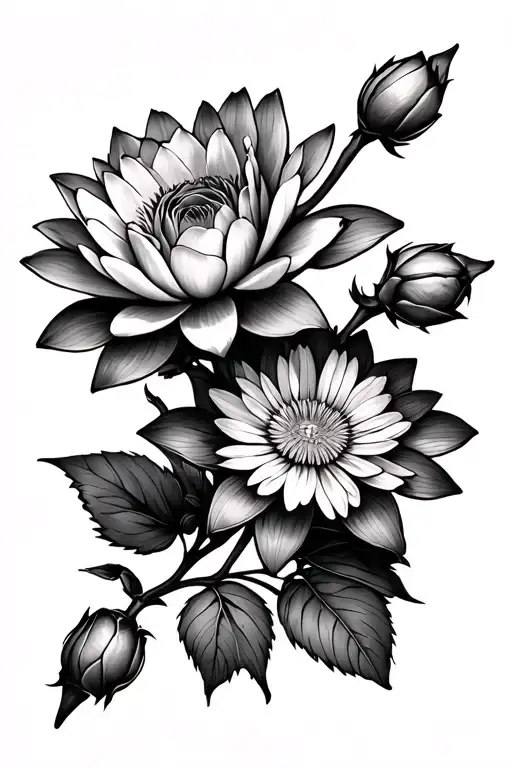 waterlilly one aster rose buds and honey suckle covering tattoo design idea
