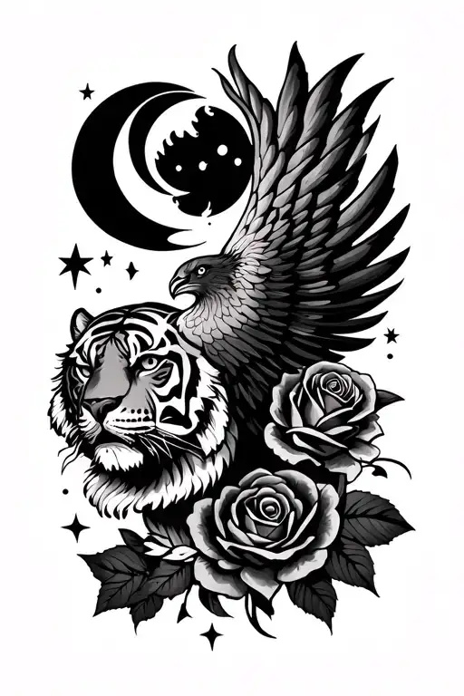 phoenix tiger roses arm sleeve earth stars moon  tattoo design idea